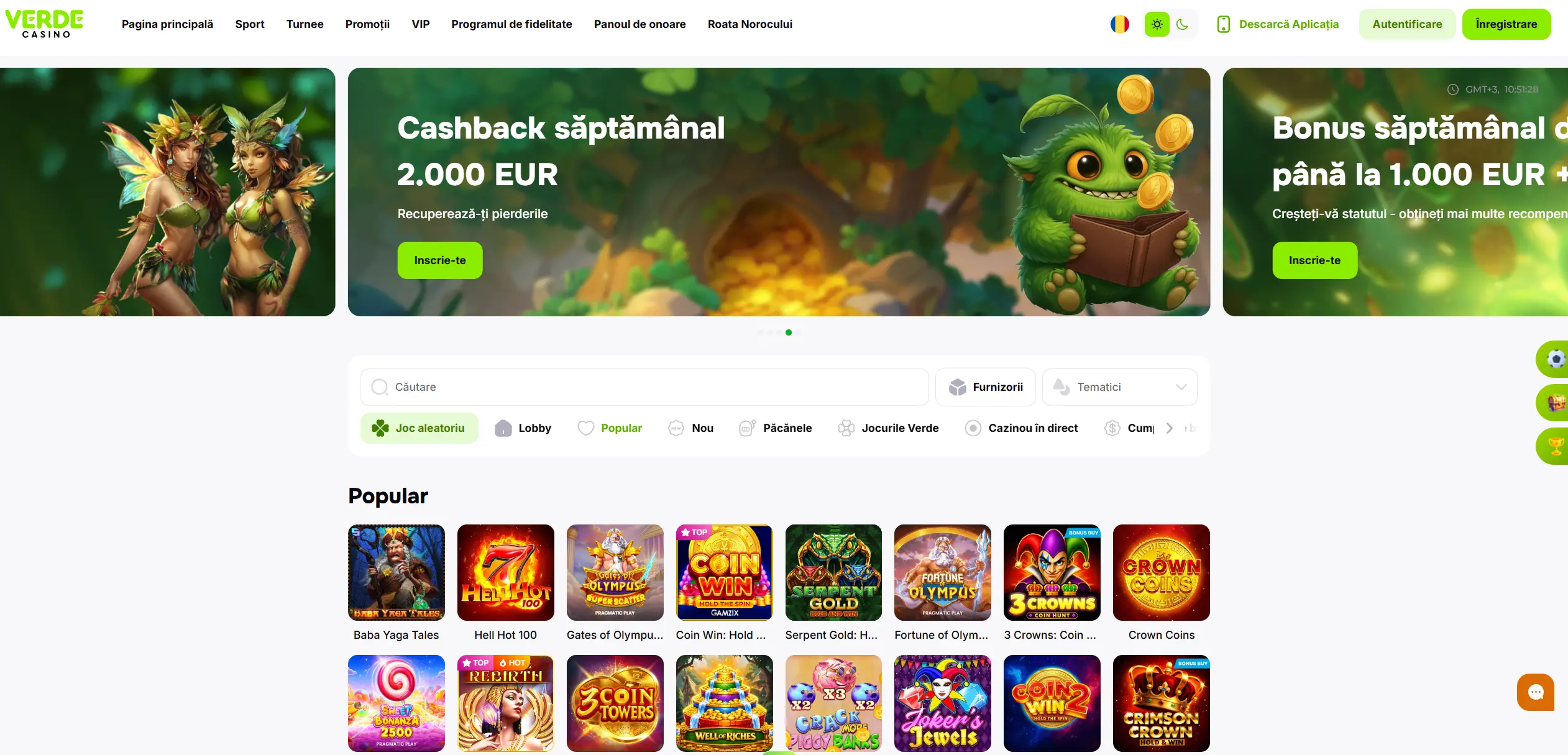 Verde Casino lobby cu rotiri gratuite si jocuri populare